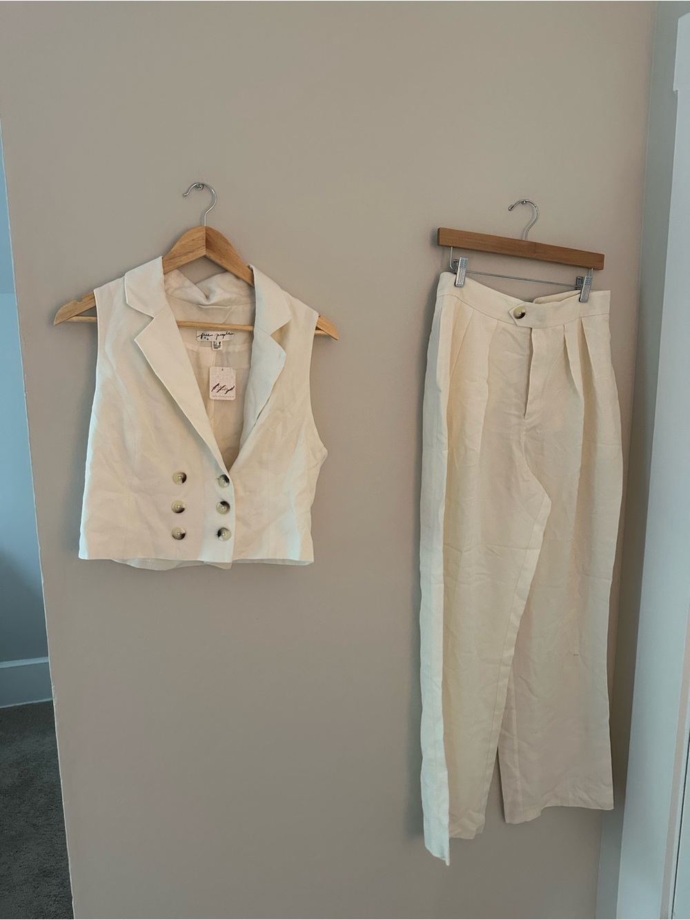 Free People Cream Sleeveless Blazer Vest & Wide-Leg Pants Set